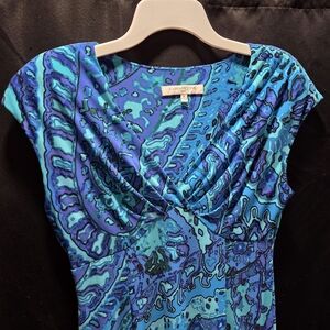 Evan Picone Blue Abstract Ruched Twist Knot Stretch Workwear Cocktail Dress SZ 6